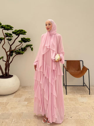 Reglan Kollu Eteği Kat Volanlı Şifon Elbise Pembe