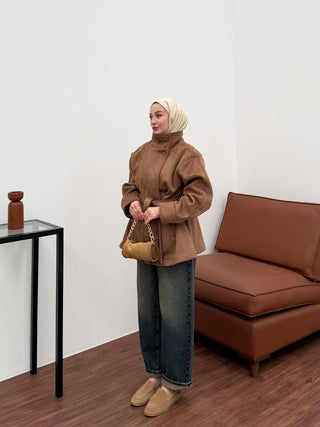 Kaplama Düğmeli Dik Yakalı Kuşaklı Mont Camel