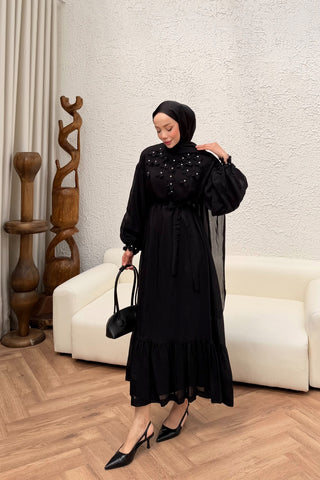 Ağaç Kabuğu İnce tensel Yakası Çiçek Detaylı Elbise Siyah