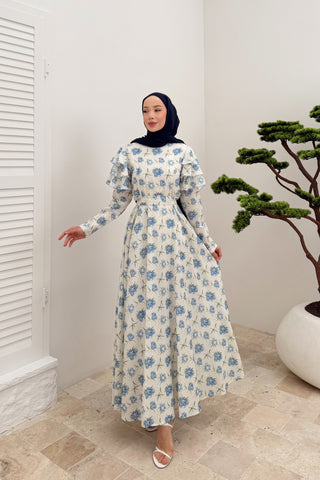 Kolları Volan Detaylı Gül Desen Elbise Saks Mavi