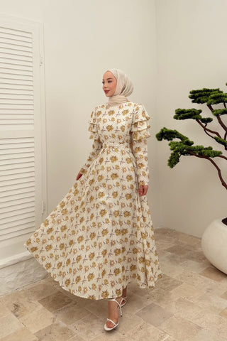 Kolları Volan Detaylı Gül Desen Elbise Yağ Yeşili