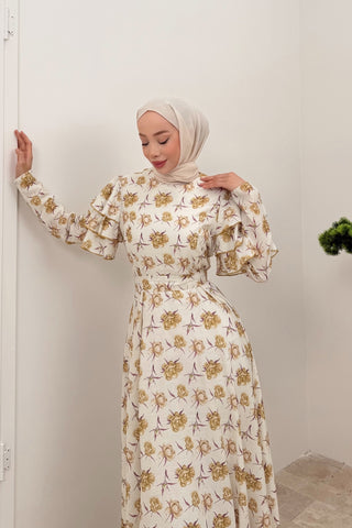 Kolları Volan Detaylı Gül Desen Elbise Yağ Yeşili