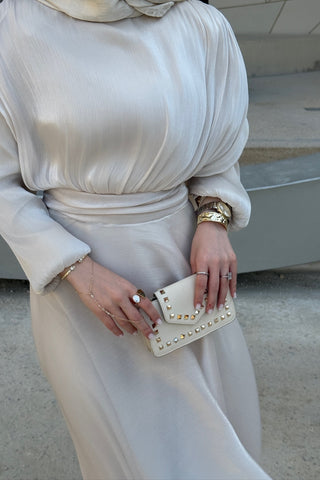 Simli Organze Şifon Elbise Bej