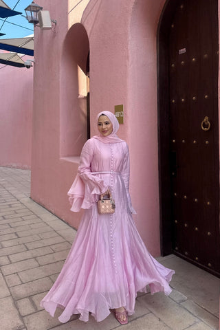 İnce Tensel Volan Detaylı Boydan Düğmeli Elbise Pembe