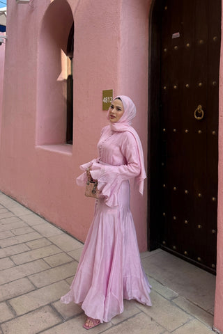 İnce Tensel Volan Detaylı Boydan Düğmeli Elbise Pembe