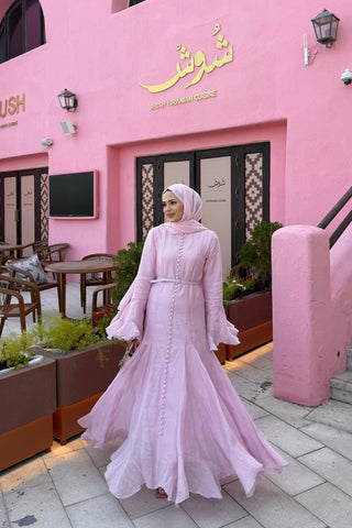 İnce Tensel Volan Detaylı Boydan Düğmeli Elbise Pembe