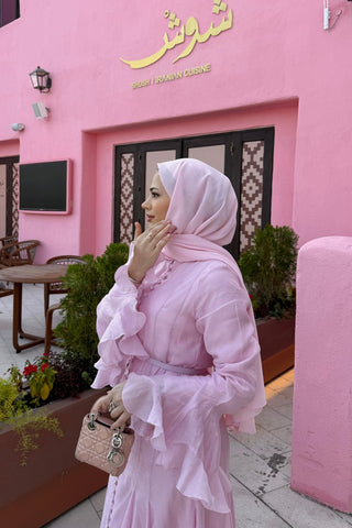 İnce Tensel Volan Detaylı Boydan Düğmeli Elbise Pembe