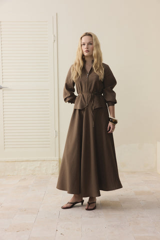 Fermuar Detaylı Etekli Takım Kahverengi