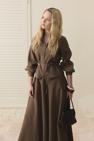 Fermuar Detaylı Etekli Takım Kahverengi