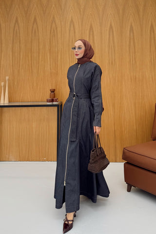 Boydan Fermuarlı Denim Elbise Lacivert