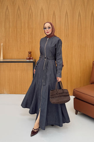 Boydan Fermuarlı Denim Elbise Lacivert