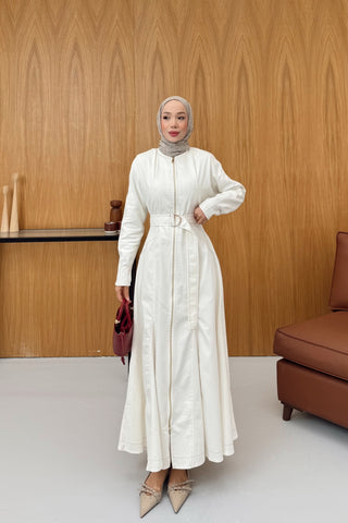 Boydan Fermuarlı Denim Elbise Ekru