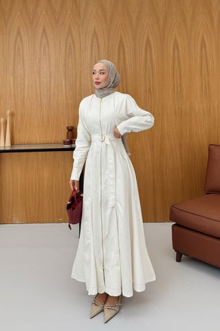 Boydan Fermuarlı Denim Elbise Ekru