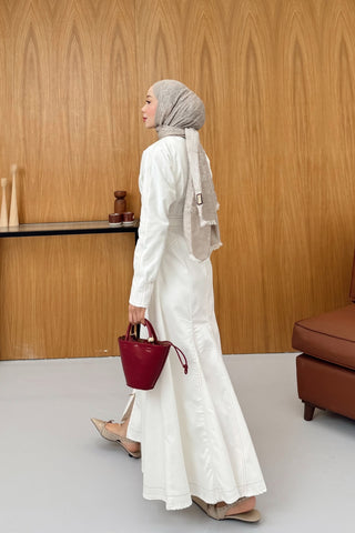 Boydan Fermuarlı Denim Elbise Ekru