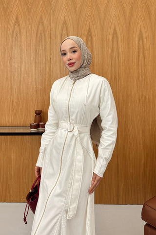 Boydan Fermuarlı Denim Elbise Ekru