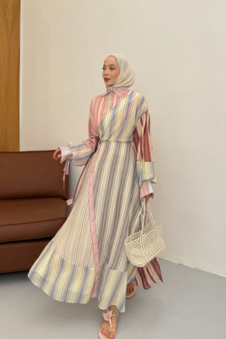 Çizgili Şifon Kruvaze Kapama Tasarım Elbise Pembe