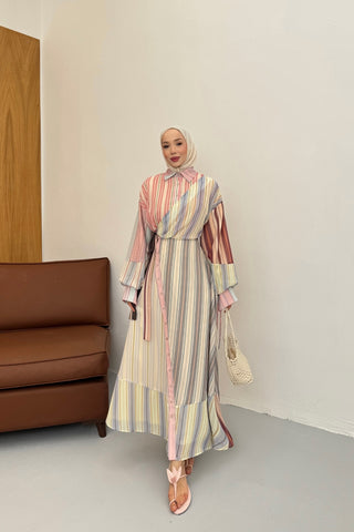 Çizgili Şifon Kruvaze Kapama Tasarım Elbise Pembe