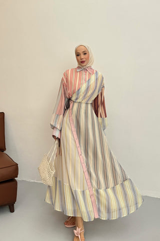 Çizgili Şifon Kruvaze Kapama Tasarım Elbise Pembe