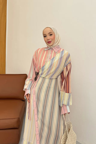 Çizgili Şifon Kruvaze Kapama Tasarım Elbise Pembe