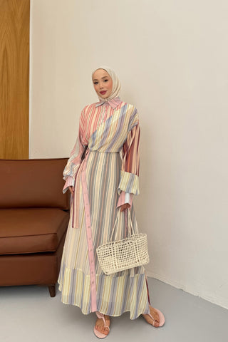 Çizgili Şifon Kruvaze Kapama Tasarım Elbise Pembe