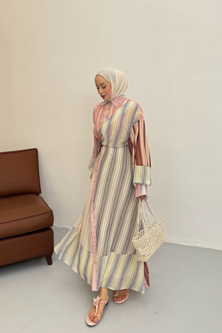 Çizgili Şifon Kruvaze Kapama Tasarım Elbise Pembe