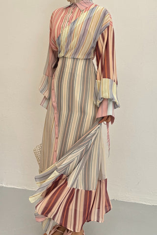 Çizgili Şifon Kruvaze Kapama Tasarım Elbise Pembe