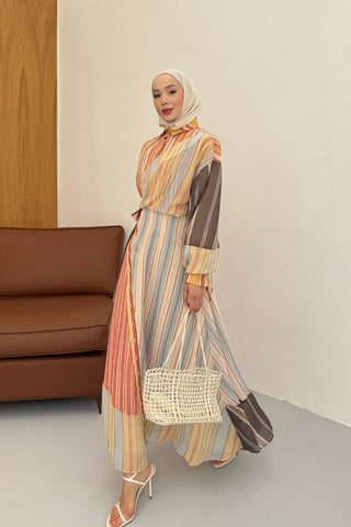 Çizgili Şifon Kruvaze Kapama Tasarım Elbise Oranj