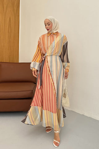 Çizgili Şifon Kruvaze Kapama Tasarım Elbise Oranj