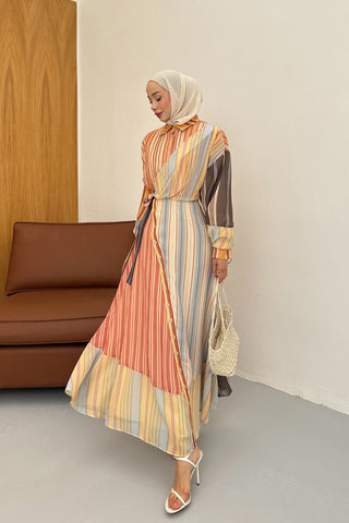 Çizgili Şifon Kruvaze Kapama Tasarım Elbise Oranj