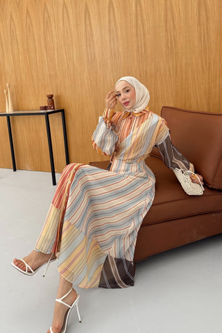 Çizgili Şifon Kruvaze Kapama Tasarım Elbise Oranj