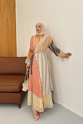 Çizgili Şifon Kruvaze Kapama Tasarım Elbise Oranj