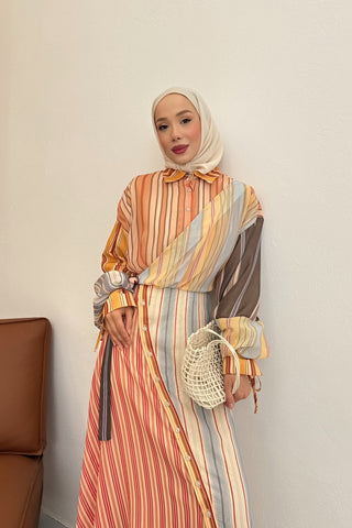 Çizgili Şifon Kruvaze Kapama Tasarım Elbise Oranj