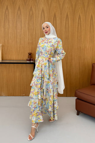 Eteği Katlı Volanlı Çiçekli Elbise Pembe