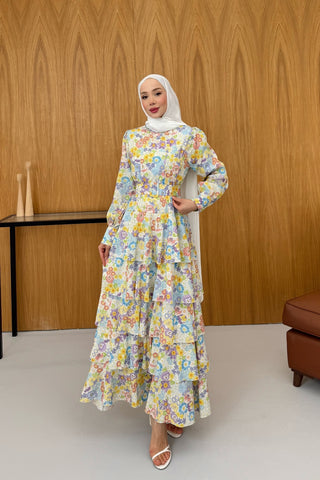 Eteği Katlı Volanlı Çiçekli Elbise Pembe