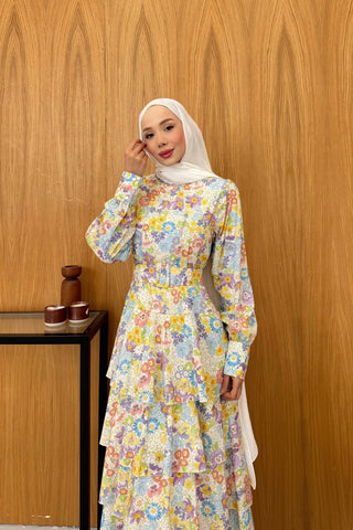 Eteği Katlı Volanlı Çiçekli Elbise Pembe