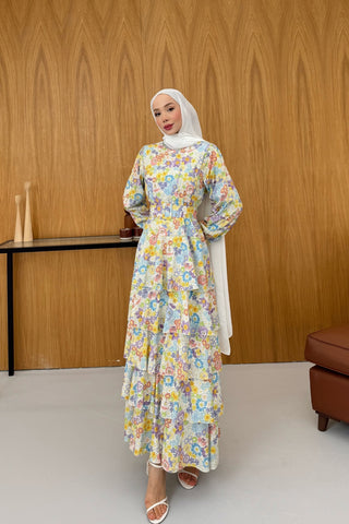 Eteği Katlı Volanlı Çiçekli Elbise Pembe