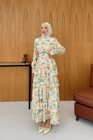 Eteği Katlı Volanlı Çiçekli Elbise Sarı