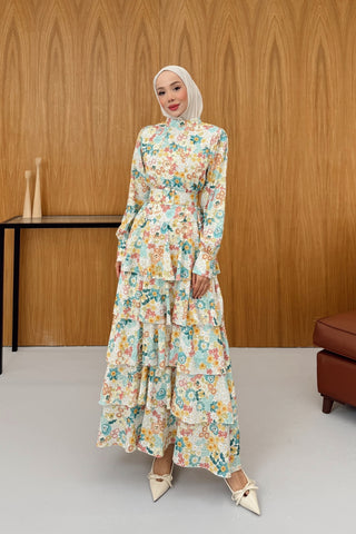 Eteği Katlı Volanlı Çiçekli Elbise Sarı