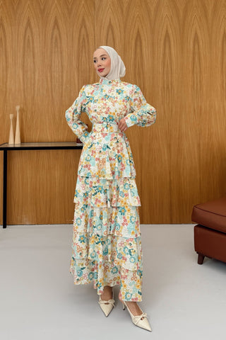 Eteği Katlı Volanlı Çiçekli Elbise Sarı