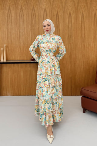 Eteği Katlı Volanlı Çiçekli Elbise Sarı