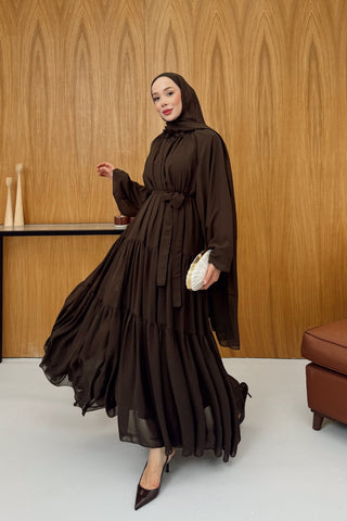 Yakası Çiçek Detaylı Reglan Kollu Şifon Elbise Kahverengi