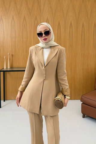 Birit Detaylı Ceket Pantolon Takım Camel