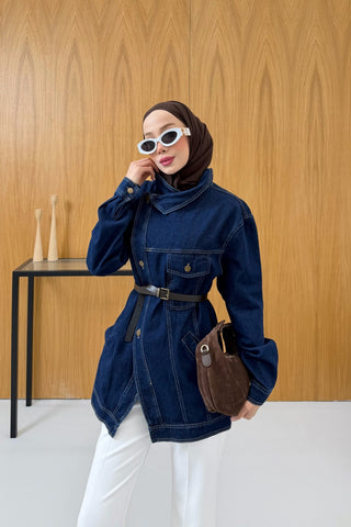 Dik Yaka Detaylı Kuruvaze Kapama Kot Ceket Lacivert