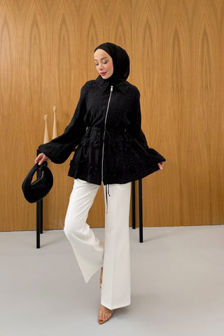 Simli İnce Tensel Balon Ceket Siyah
