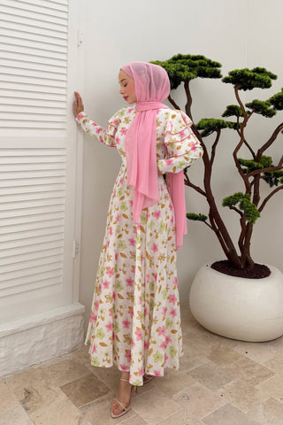 Kolları Volan Detaylı Çiçekli Keten Elbise Pembe