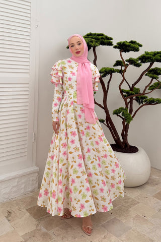 Kolları Volan Detaylı Çiçekli Keten Elbise Pembe