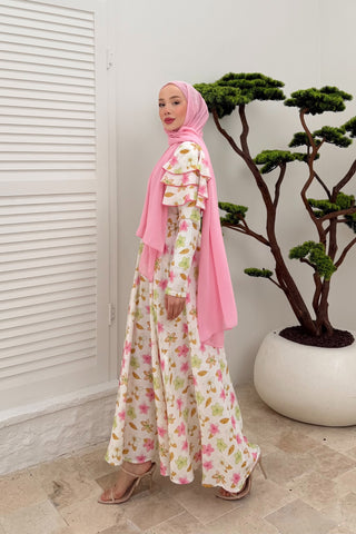 Kolları Volan Detaylı Çiçekli Keten Elbise Pembe