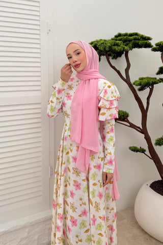 Kolları Volan Detaylı Çiçekli Keten Elbise Pembe