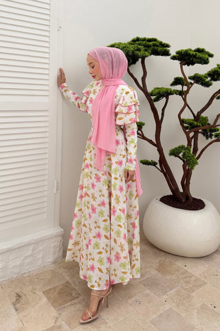 Kolları Volan Detaylı Çiçekli Keten Elbise Pembe