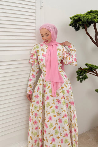 Kolları Volan Detaylı Çiçekli Keten Elbise Pembe